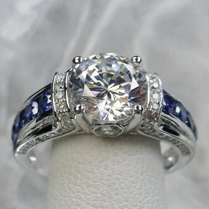 Moissanite & Sapphire Diamond Rings, 2.00 CT VVS1 Round Moissanite Rings, Unique Engagement Rings, 935 Argentium Silver Ring, Wedding Rings
