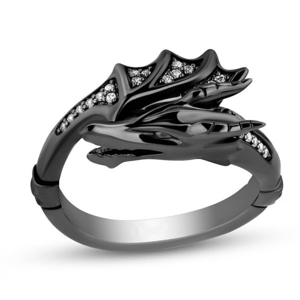 Enchanted Disney Villains Maleficent 1/8 CT. T.W. Diamond Dragon Wrap Ring in 935 Argentium Silver with Black Rhodium, Wedding Ring, HOTRING