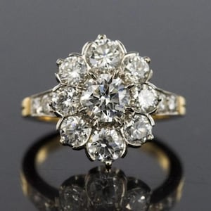 Cluster Set Vintage Yellow Gold Ring, Old European Cut CZ Diamond Ring, Halo Set Floral Look Ring, Wedding Engagement Proposal Promise Ring