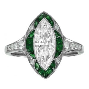 Vintage Old European Style Marquise Diamond Wedding Ring, Art Deco Ring In 935 Argentium Silver, Estate Jewelry For Women Green Emerald Ring