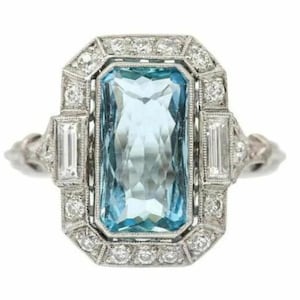 Cool Estate Vintage Art Deco Wedding Ring in 935 Argentium Silver, 3.55Ct Aquamarine Diamond Ring, Aquamarine Gemstone Filigree March Ring