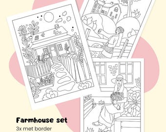 3 páginas para colorear de granja - Página para colorear A4 - Página para colorear PDF - Dibujos para colorear para adultos - Dibujos para colorear de mujer - Animales de granja adorables