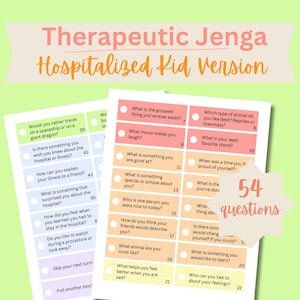 Questions thérapeutiques sur le jeu Jenga pour les enfants | Jeu d'adaptation à la maladie et à l'hôpital pour enfants | Téléchargement numérique Child Life | Jeu de la tour culbutante