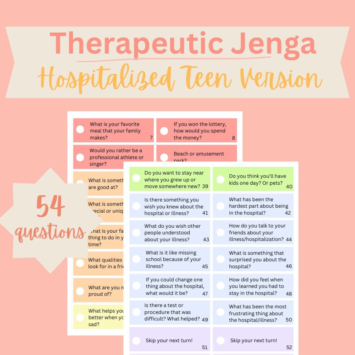 Therapeutic Jenga Game Questions for Teens Illness/hospital Coping Game