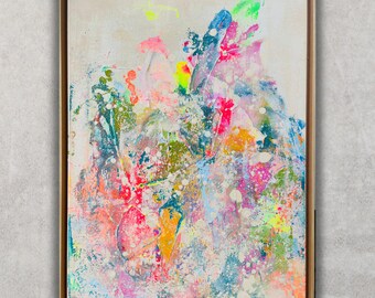 Neon,Kunstwerk, Acrylmalerei, abstrakte Kunst, Original, 50x70 cm, Acrylbild, Schattenfugerahmen, gerahmt Leinwand Bild, Unikat, Beige