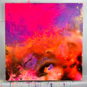 abstract painting, acrylic glass frame, abstract art, original, 100 x 100 cm, orange, purple, modern art, canvas, picture, pink structure neo