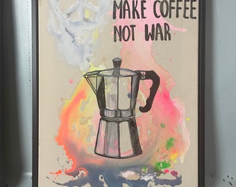 Abstraktes Gemälde,  Acrylmalerei, abstrakte Kunst,  Original, 40 x 60 cm, moderne Kunst, Peace, Leinwand, neon, Coffee Kaffee gerahmt