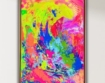 Neon,Kunstwerk, Acrylmalerei, abstrakte Kunst, Original, 50x70 cm, Acrylbild, Schattenfugerahmen, gerahmt Leinwand Bild, Unikat, Mixed-Media