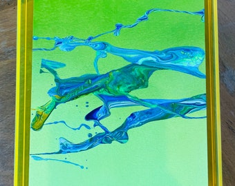 Acrylmalerei, abstrakte Kunst, Unikat, 21 x 16 cm, Acrylbild, moderne Kunst, gerahmt, Acrylglas, bunt, neon, Holz, grün blau