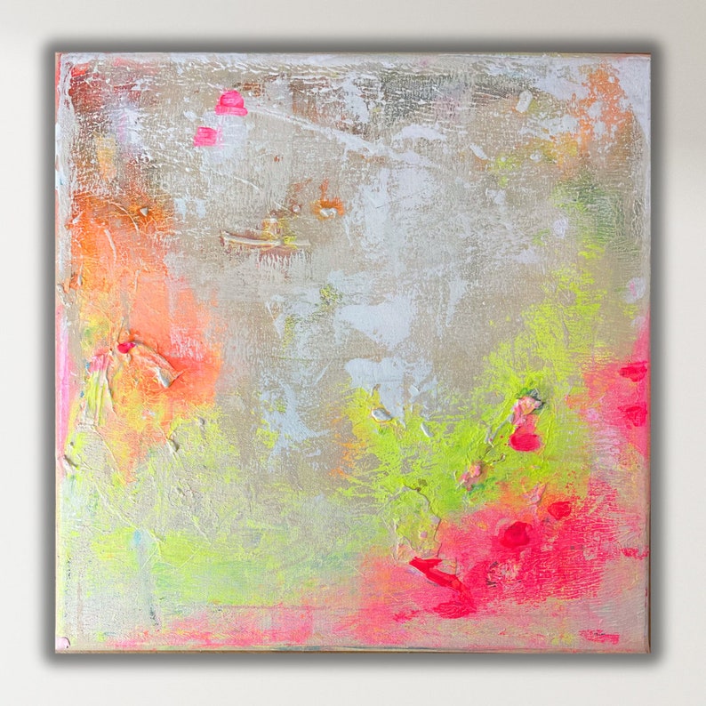 Abstract painting, acrylic painting, abstract art, original, 40 x 40 cm, acrylic painting, modern art, canvas, white, neon, beige image 3