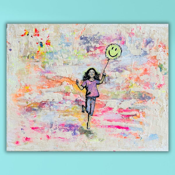 abstraktes Gemälde, Acrylmalerei, abstrakte Kunst, Original, 50 x 40 cm, Acrylbild, moderne Kunst, Leinwand, Bild, Neon Mädchen Luftballon