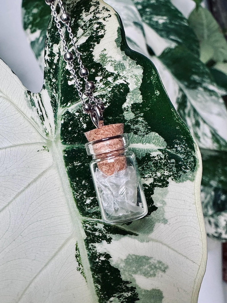 Pendant with real snake shed sealed inside a small glass vial. A unique and symbolic piece of jewelry inspired by transformation and rebirth. Minimalist and delicate design. This pendant is often associated with intuition, healing energy, and spiritual growth — a meaningful talisman for those drawn to nature and symbolism. Chain is NOT included. Dimensions: 25 mm (height) × 10 mm (width) Capacity: 2 ml