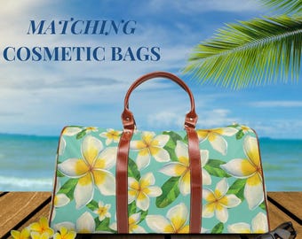 Tropical Weekender Bag Beach Vacation Waterproof Travel Bag Plumeria Print Luggage Women Summer Getaway Carry-on Tote Hawaiian Gift Vegan