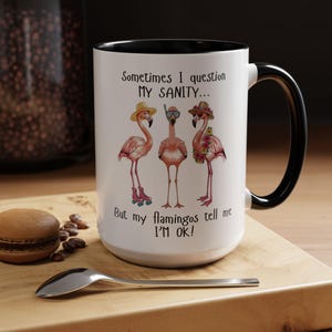 Tropical Theme Mug Funny Flamingo Design Ceramic Coffee Cup Quirky Collection Addition Perfect Gift Idea Birthday Present Friend Surprise Coworker Gift Humorous Saying Microwave Safe Dishwasher Safe Multiple Size Options Available Pink Blue