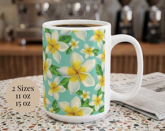 Tropical Plumeria Mug Hawaiian Coffee Cup Beach House Gift Vacation Drinkware Summer Island Getaway Aloha Floral Beach Lover Present