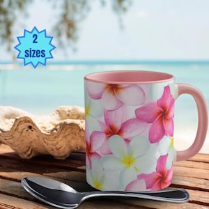 Tropical Flower Mug Plumeria Coffee Cup Beach Theme Kitchenware Summer Drinkware Pink White Ceramic Hawaiian Floral Tea Cup Vacation Gift