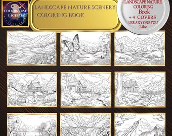 Puede incluir: Un libro para colorear con más de 100 páginas que presenta paisajes naturales. La portada muestra seis ilustraciones en blanco y negro de diferentes paisajes, incluyendo un lago, una cascada y una montaña.
