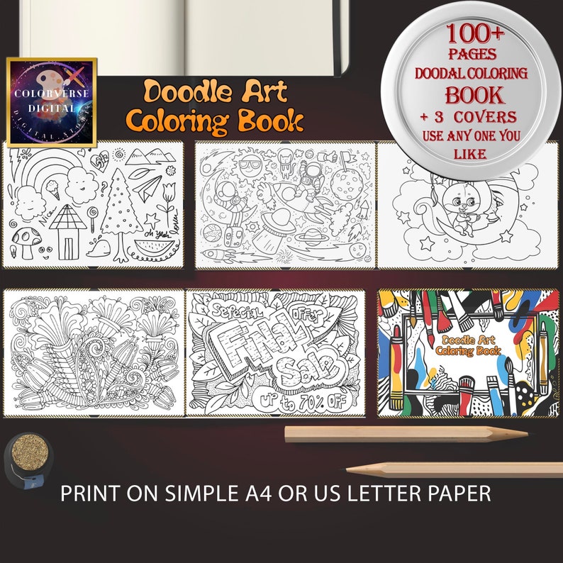 Kawaii Doodles Coloring Book | 100 Grayscale Pages (A4 Printable PDF ...