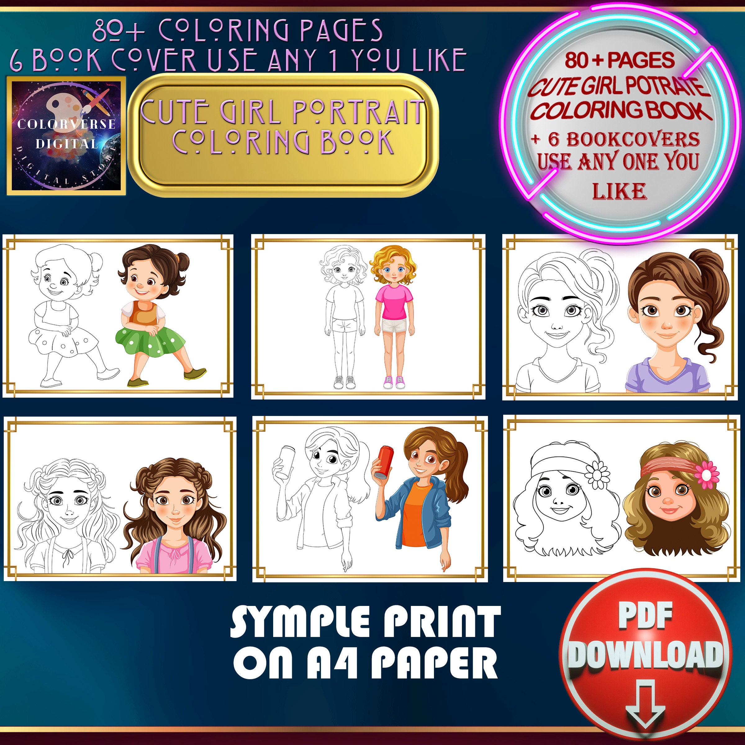 Cute Girl Portrait Coloring Pages for Kids and Adults A4 Printable Page ...