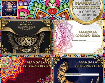 May include: Four different cover designs for a mandala coloring book. Each cover features a different mandala design with intricate details. The covers are in black, white, red, and blue with gold accents. The text on the covers reads "Mandala Coloring Book".