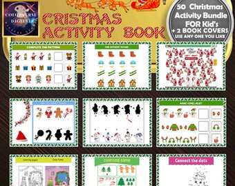 May include: A Christmas activity book bundle for kids with 50 activities and 2 book covers. The book cover features a cartoon Santa Claus riding in a sleigh pulled by reindeer. The book cover also includes the text "50 Christmas Activity Bundle for Kid's + 2 Book Covers Use Any One You Like".