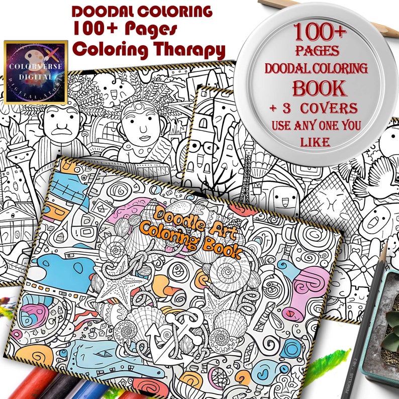 Kawaii Doodles Coloring Book | 100 Grayscale Pages (A4 Printable PDF ...