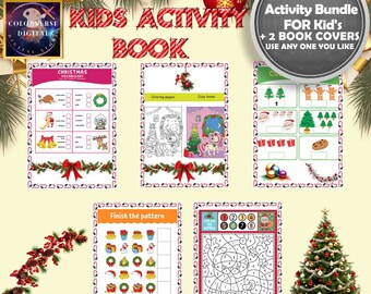 May include: A set of 50 Christmas activity pages for kids, featuring coloring pages, matching games, and a color by number activity. The pages are decorated with a festive Christmas theme and include images of Santa Claus, reindeer, and Christmas trees.