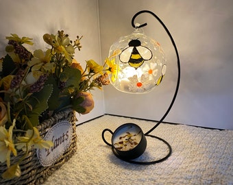 Glass Candle Holder, Bumblebee and Daisy Glass Candle Holder, Hand Painted Tea Light Holder, Tabletop Decorating Ideas