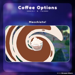 Może przedstawiać: Wz&oacute;r brązowej spirali z filiżanką kawy zwieńczoną bitą śmietaną. Tekst "Macchiato!" znajduje się nad obrazkiem.
