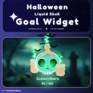 May include: A green glowing skull-shaped liquid potion bottle with two candles on either side. The bottle is surrounded by bats and has a green glow. The text "Subscribers 85/100" is below the bottle. The text "Halloween Liquid Skull Goal Widget" is at the top of the image.