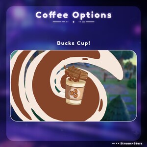 Może przedstawiać: Komiksowa ilustracja filiżanki kawy z wirem brązowej cieczy i ziaren kawy. Tekst "Bucks Cup!" znajduje się nad obrazkiem.