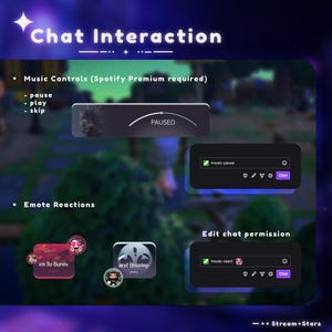 Puede incluir: Una pantalla morada y azul con el texto "Chat Interaction" en la parte superior. La pantalla muestra c&oacute;mo controlar la m&uacute;sica y agregar emoticonos a una transmisi&oacute;n en vivo. El texto "Music Controls (Spotify Premium required)" se muestra con las opciones "pause", "play" y "skip". El texto "Emote Reactions" se muestra con dos emoticonos, uno con el texto "xm To Surviv" y el otro con el texto "and Brostep". El texto "Edit chat permission" se muestra con un cuadro de chat.