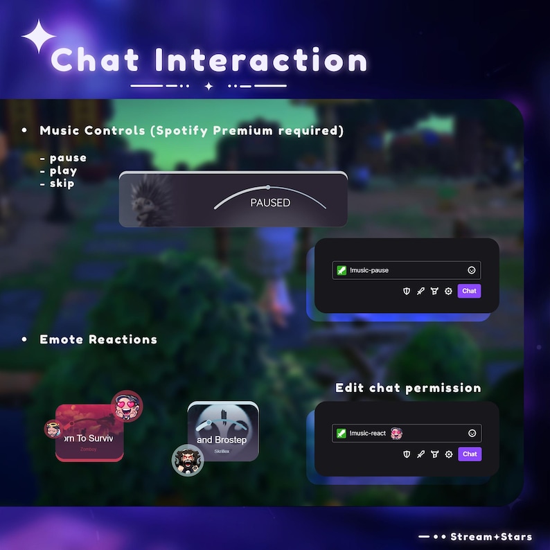Puede incluir: Una pantalla morada y azul con el texto "Chat Interaction" en la parte superior. La pantalla muestra c&oacute;mo controlar la m&uacute;sica y agregar emoticonos a una transmisi&oacute;n en vivo. El texto "Music Controls (Spotify Premium required)" se muestra con las opciones "pause", "play" y "skip". El texto "Emote Reactions" se muestra con dos emoticonos, uno con el texto "xm To Surviv" y el otro con el texto "and Brostep". El texto "Edit chat permission" se muestra con un cuadro de chat.