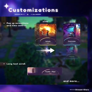 Puede incluir: Un gr&aacute;fico que muestra las opciones de personalizaci&oacute;n para una plataforma de transmisi&oacute;n. Las opciones incluyen animaciones emergentes, desplazamiento de texto largo, efectos de deslizamiento y zoom. El texto "Stream+Stars" est&aacute; en la parte inferior de la imagen.