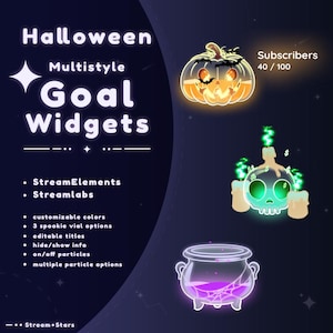 Op de afbeelding: Geanimeerde Twitch-doelwidgets met Halloween-thema voor StreamElements en Streamlabs. De widgets bevatten een gloeiende pompoen, een schedel met kaarsen en een ketel met paarse vloeistof. De tekst "Subscribers 40/100" is zichtbaar in de rechterbovenhoek.