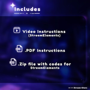 Puede incluir: Un gr&aacute;fico que muestra el contenido de una descarga de producto digital. El gr&aacute;fico incluye un icono de video, un icono de PDF y un icono de archivo zip. El texto dice "Includes", "Video Instructions (Stream Elements)", ".PDF Instructions", y ".Zip file with codes for Stream Elements".