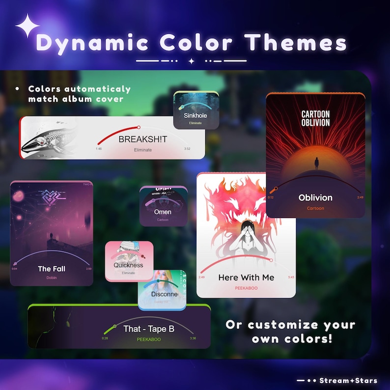 Puede incluir: Una captura de pantalla de una aplicaci&oacute;n de transmisi&oacute;n de m&uacute;sica que muestra diferentes portadas de &aacute;lbumes con temas de colores din&aacute;micos. La aplicaci&oacute;n coincide autom&aacute;ticamente el tema de color con la portada del &aacute;lbum. Las portadas de los &aacute;lbumes incluyen "The Fall", "Breakshit", "Omen", "Here With Me", "That - Tape B", "Sinkhole", "Cartoon Oblivion" y "Oblivion".