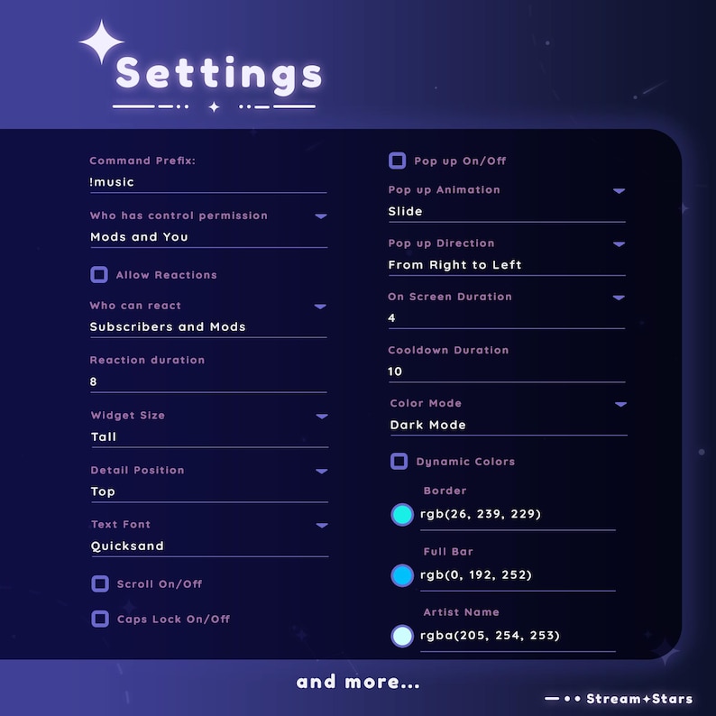 Puede incluir: Una captura de pantalla de un men&uacute; de configuraci&oacute;n para una plataforma de transmisi&oacute;n. El men&uacute; incluye opciones para personalizar la apariencia de las notificaciones emergentes, incluido el color, el tama&ntilde;o y la animaci&oacute;n. El men&uacute; tambi&eacute;n incluye opciones para personalizar la apariencia de los mensajes de chat, incluido el color, el tama&ntilde;o y la fuente.