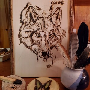 Wolf pyrography live edge plank original art