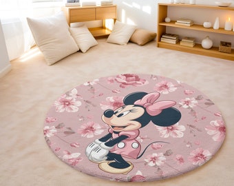 Alfombras redondas de Minnie Mouse, alfombra de guardería de Mickey Mouse, decoración de Mickey Mouse, alfombras de Disneyland, alfombras rosas, alfombra de habitación para niños, alfombra de personajes de dibujos animados