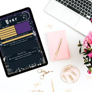 digital and printable planner with a witchy goth dark mode style, has everything from budget to academic planners, to do lists, reading journal and sleep, mood and habit trackers