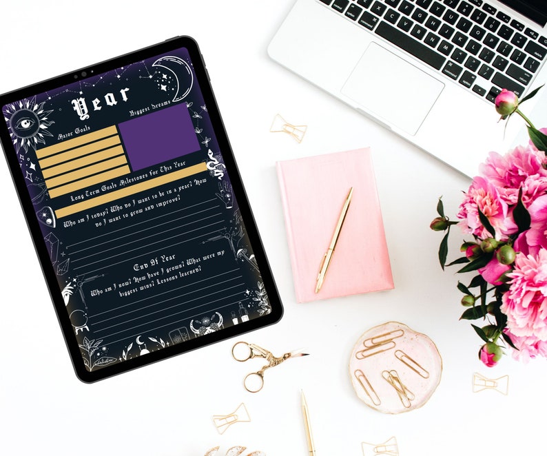 digital and printable planner with a witchy goth dark mode style, has everything from budget to academic planners, to do lists, reading journal and sleep, mood and habit trackers