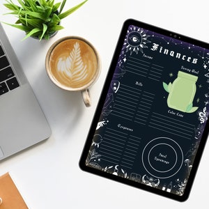 digital and printable planner with a witchy goth dark mode style, has everything from budget to academic planners, to do lists, reading journal and sleep, mood and habit trackers