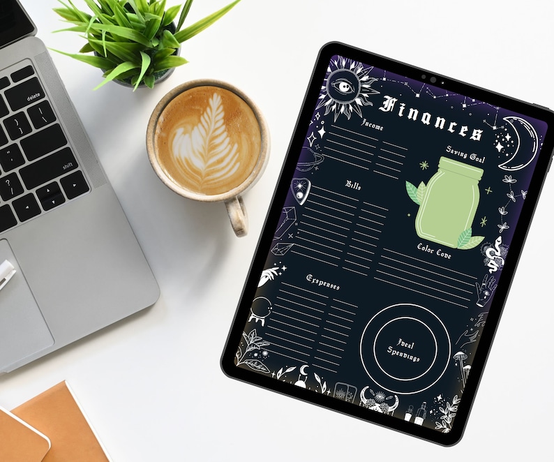 digital and printable planner with a witchy goth dark mode style, has everything from budget to academic planners, to do lists, reading journal and sleep, mood and habit trackers