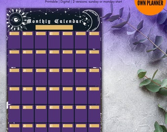 May include: A printable monthly calendar with a purple background and a celestial design. The calendar has a sun and moon with stars and a celestial eye. The text "Monthly Calendar" is at the top of the page. The text "Build Your Own Planner" is in a circle at the top right corner of the page.