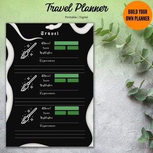 May include: Printable travel planner with a black and white background. The planner has three sections for different trips. Each section has a space to write the destination, dates, highlights, and experiences. The planner is decorated with a white broom and stars.