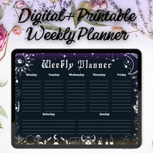 May include: A digital and printable weekly planner with a black background and white celestial illustrations. The planner has sections for each day of the week, Monday through Sunday. The text "Weekly Planner" is at the top of the planner.