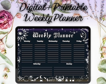 Goth Digital & Printable Weekly Planner, witchy stationary for print, dark GoodNotes ipad chores journal