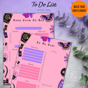 May include: Printable to-do list with a pink background and black and purple illustrations of butterflies, skulls, crystals, and tarot cards. The text "To Do List" is at the top of the page. The text "Long Term To Dos" is at the top of the left side of the page. The text "Subtasks" is on the left side of the page. The text "Milestones" is on the right side of the page. The text "To Do List" is at the top of the right side of the page. The text "Important" is on the left side of the page. The text "Ongoing" is on the left side of the page. The text "Notes" is on the left side of the page. The text "To Dos" is on the right side of the page. The text "Extra To Dos" is on the right side of the page.