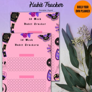 May include: Two printable habit trackers with a pink background and a whimsical design featuring butterflies, crystals, and other magical elements. The trackers are for 10 weeks and 30 weeks.